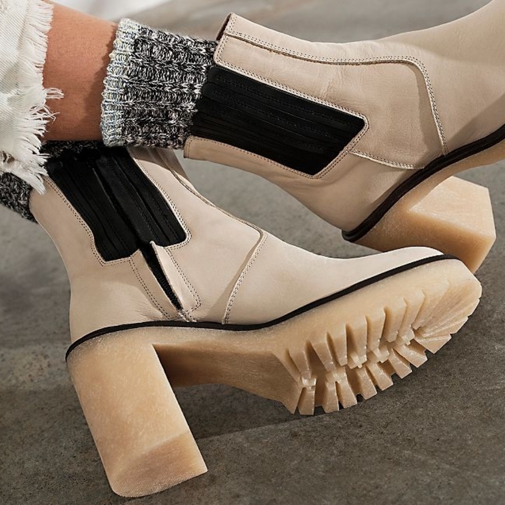 Free People Cream & Black Chunky Heel Chelsea Booties